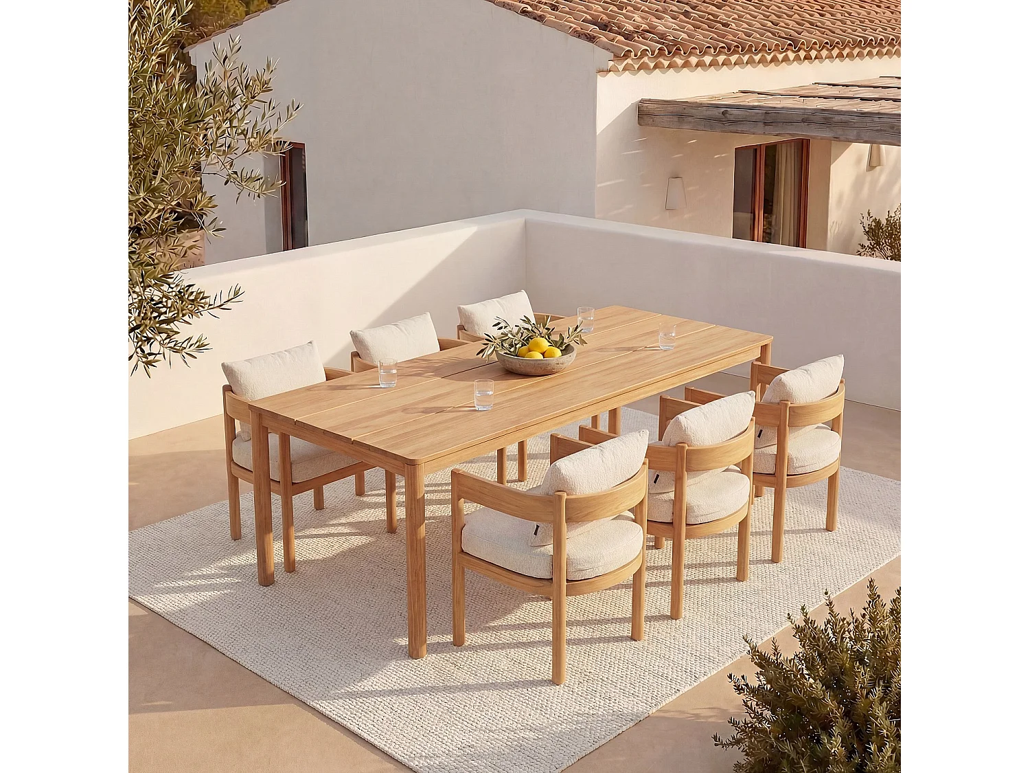 Chaise de jardin en tissu déperlant et teck massif - Blanc cassé