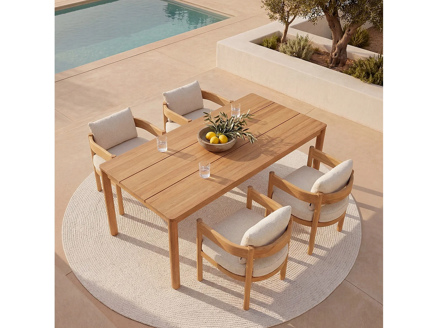 Chaise de jardin en tissu déperlant et teck massif - Blanc cassé