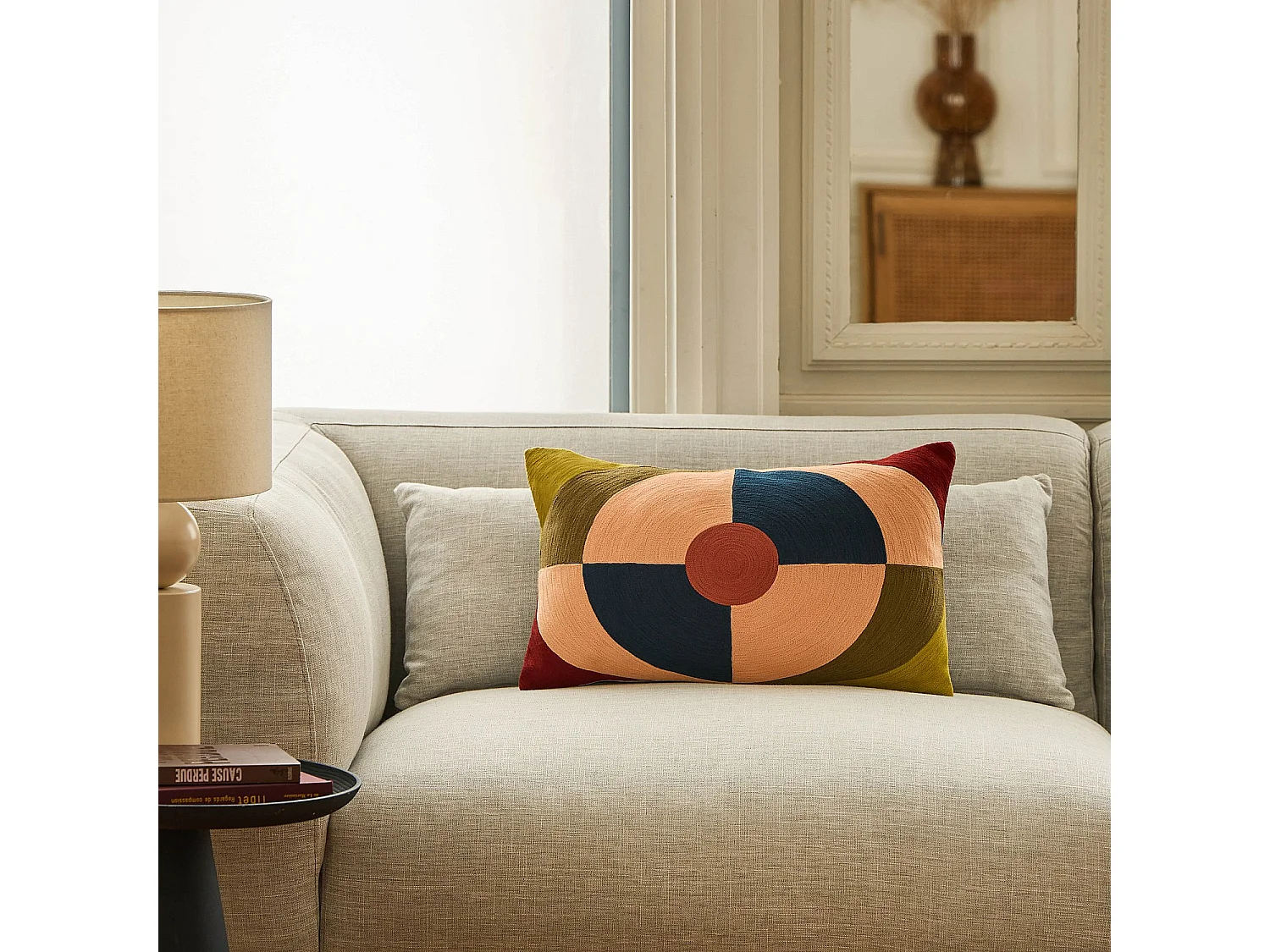 Coussin en lin et coton - 30 x 50 cm - Bronze, bleu et rose - Design by Floriane Jacques