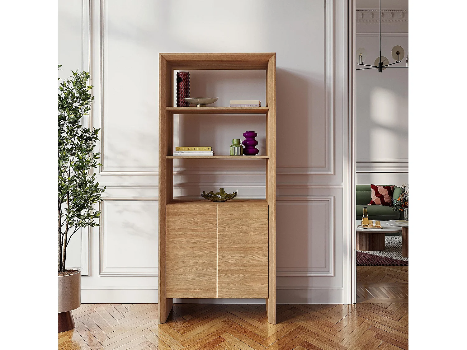 Habitat - Bibliothèque 2 portes et 2 étagères en chêne - Naturel - Rafael