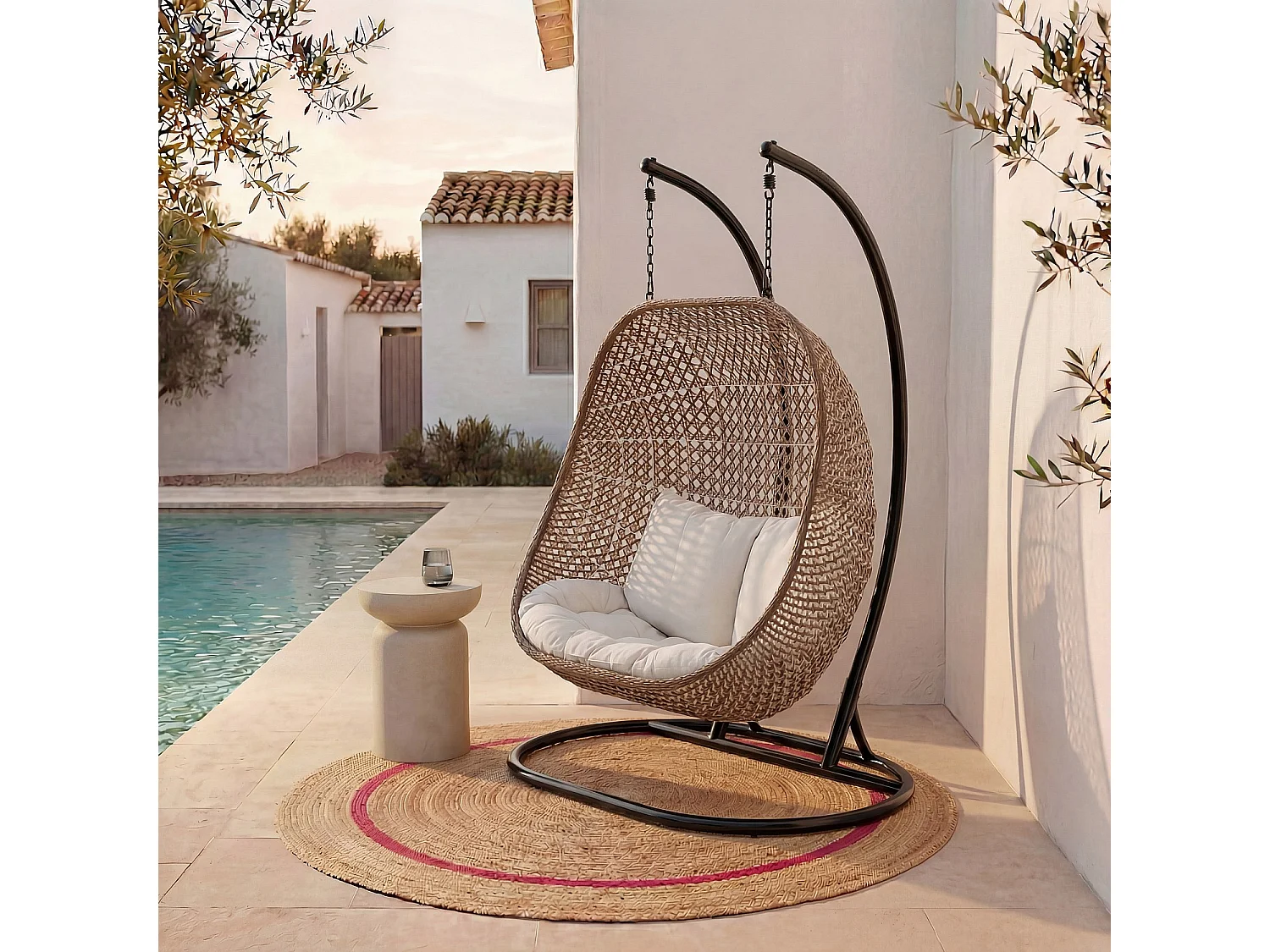 Fauteuil suspendu 2 places de jardin en résine tressée et métal noir - Moka