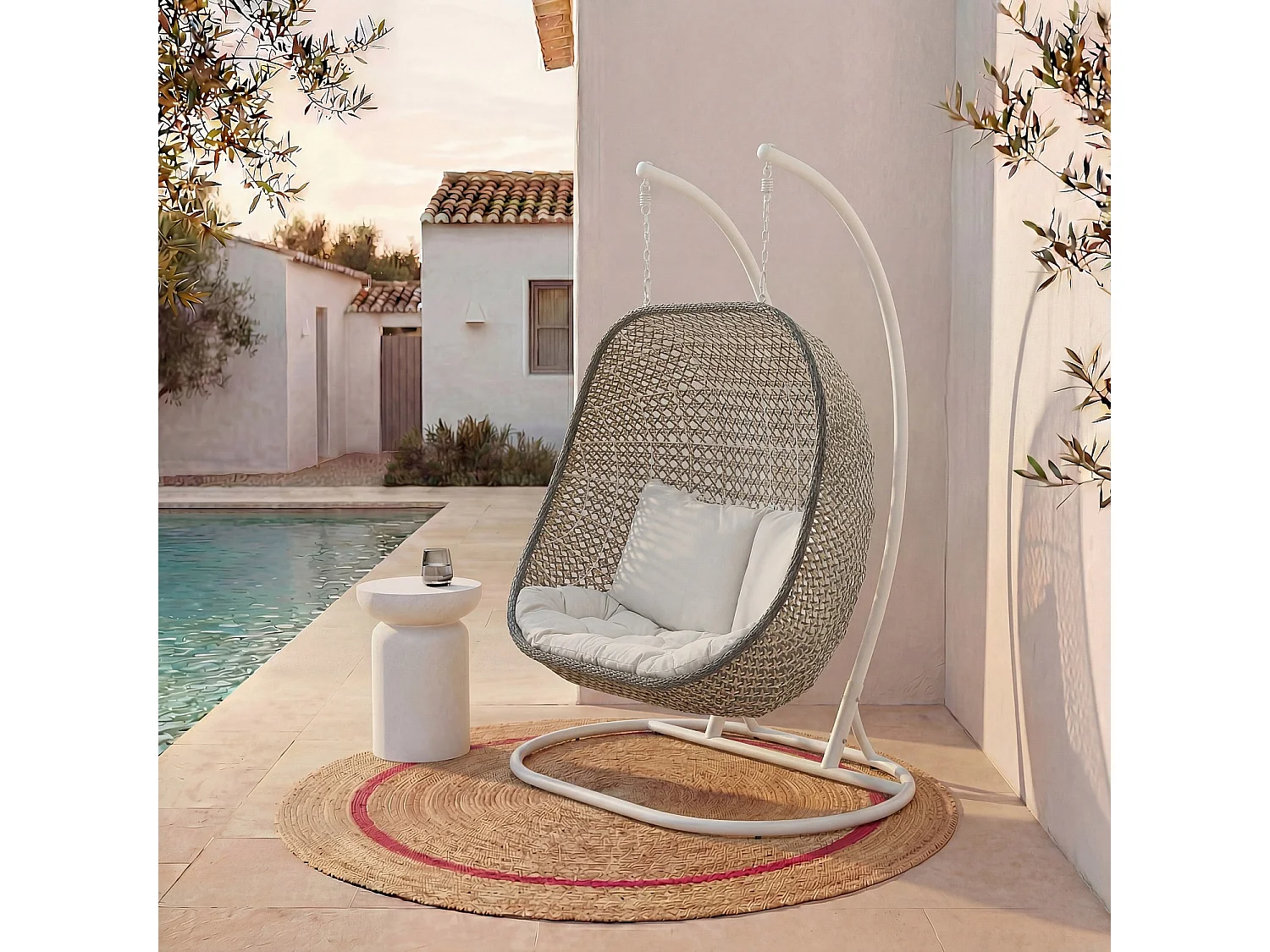 Fauteuil suspendu 2 places de jardin en résine tressée et métal blanc - Vert kaki