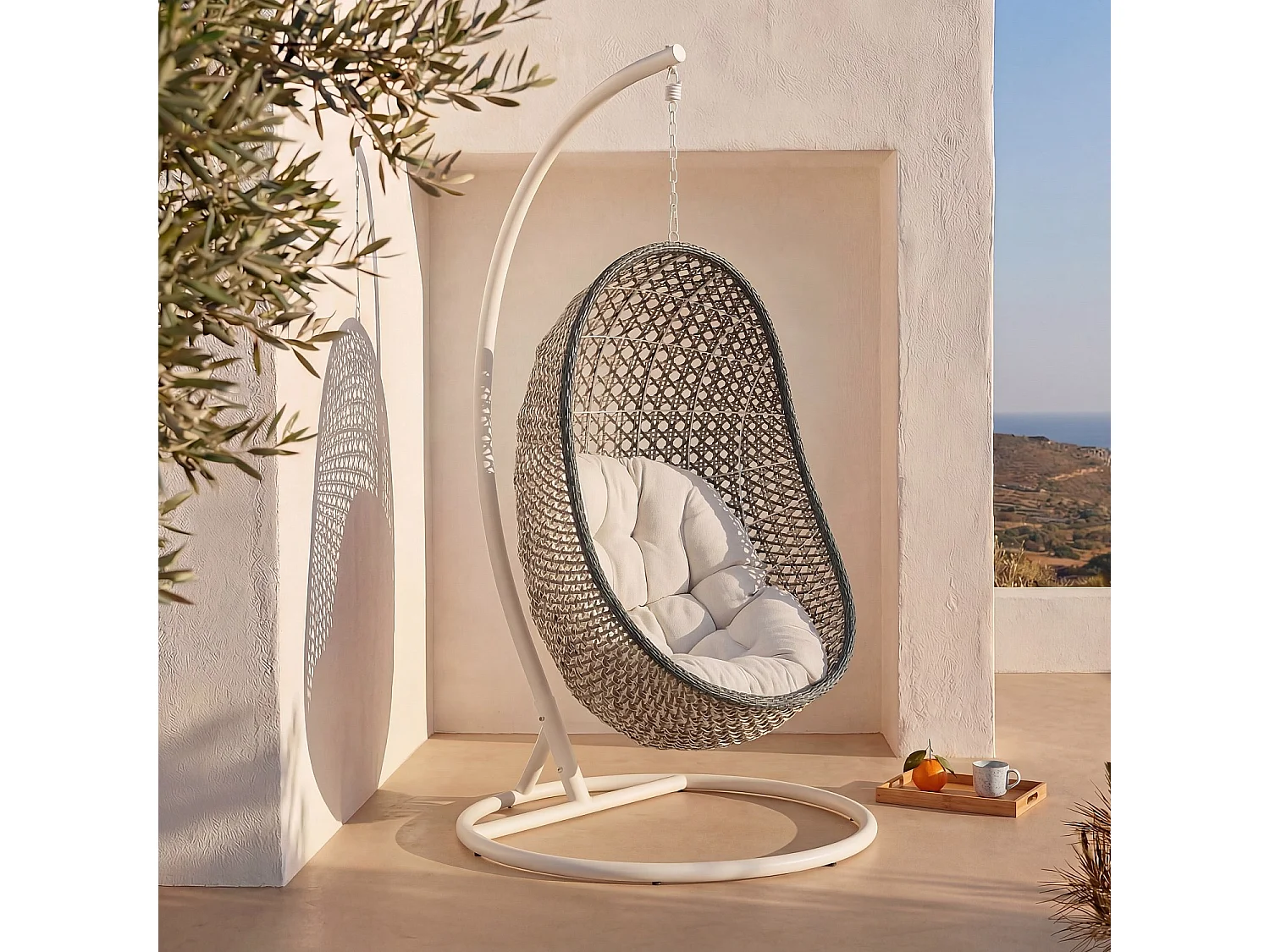 Fauteuil suspendu de jardin en résine tressée et métal blanc - Vert kaki