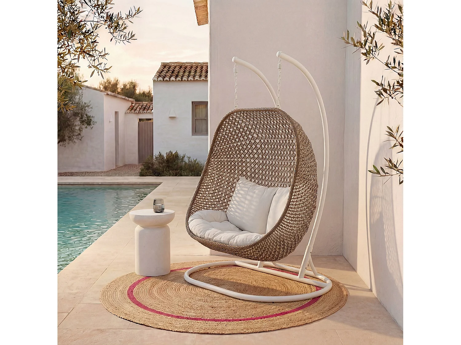 Fauteuil suspendu 2 places de jardin en résine tressée et métal blanc - Moka