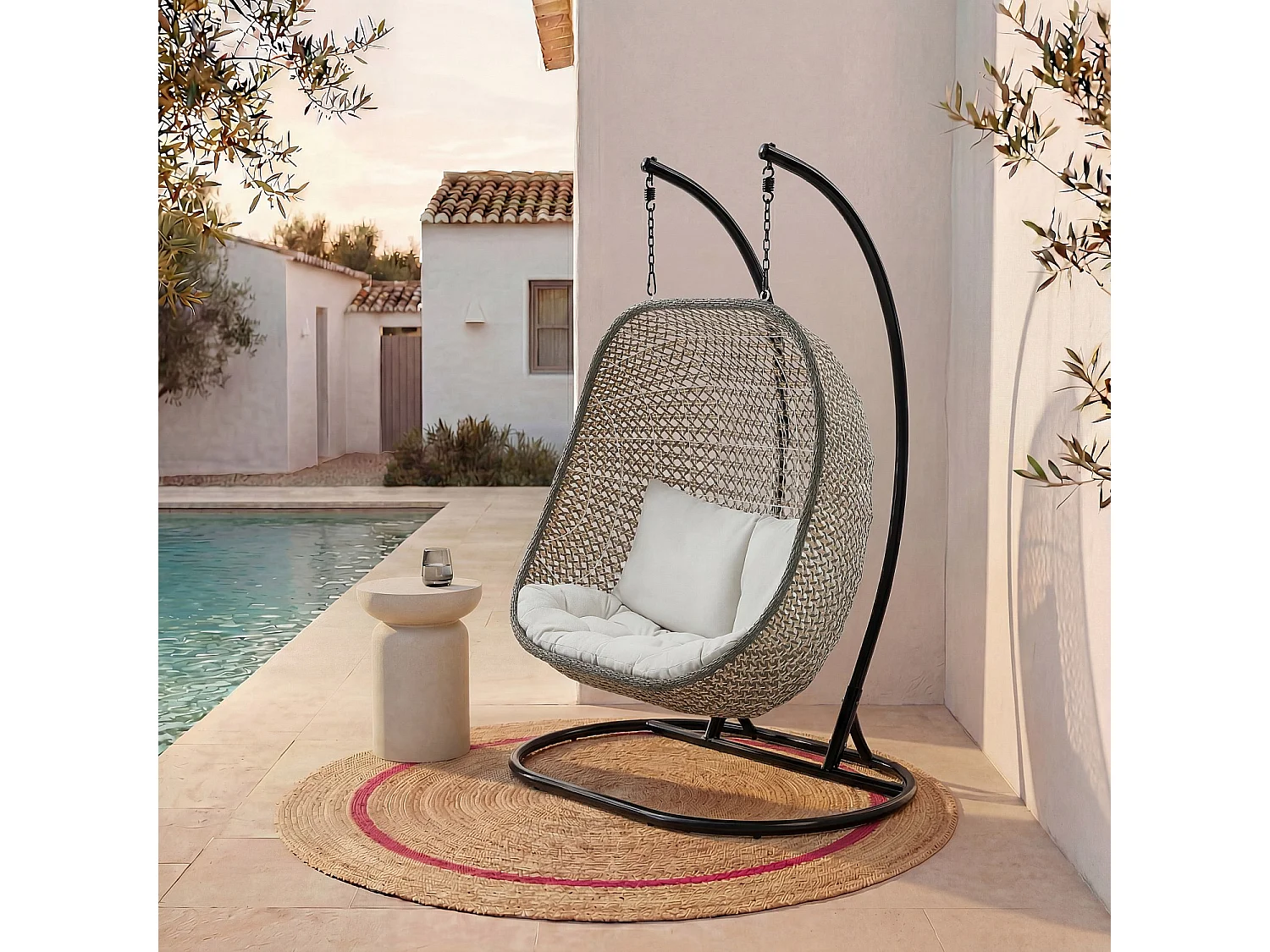 Fauteuil suspendu 2 places de jardin en résine tressée et métal noir - Vert kaki