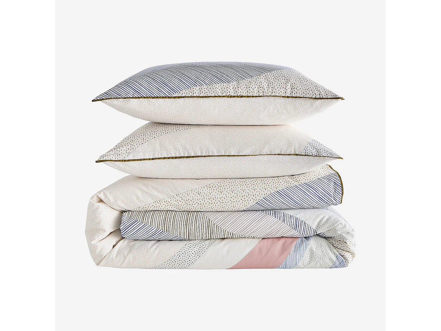 Parure de lit en percale de coton bio - 260 x 240 cm - Bleu et Kaki - Design by Floriane Jacques