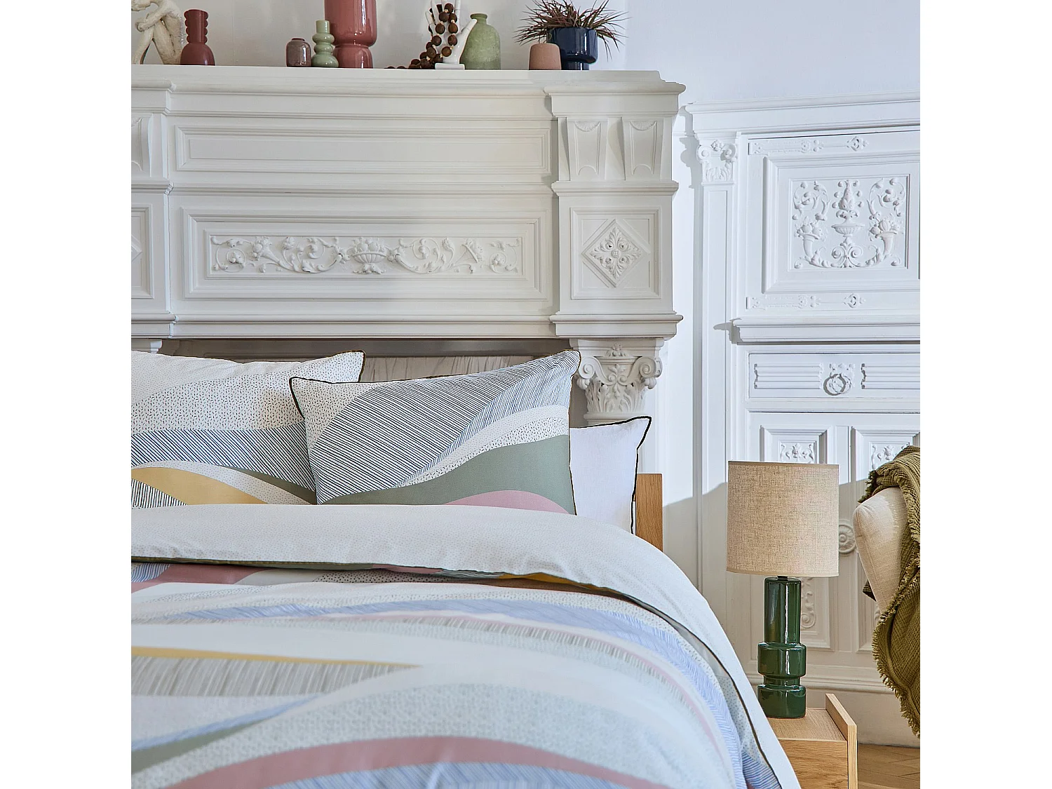 Parure de lit en percale de coton bio - 260 x 240 cm - Bleu et Kaki - Design by Floriane Jacques