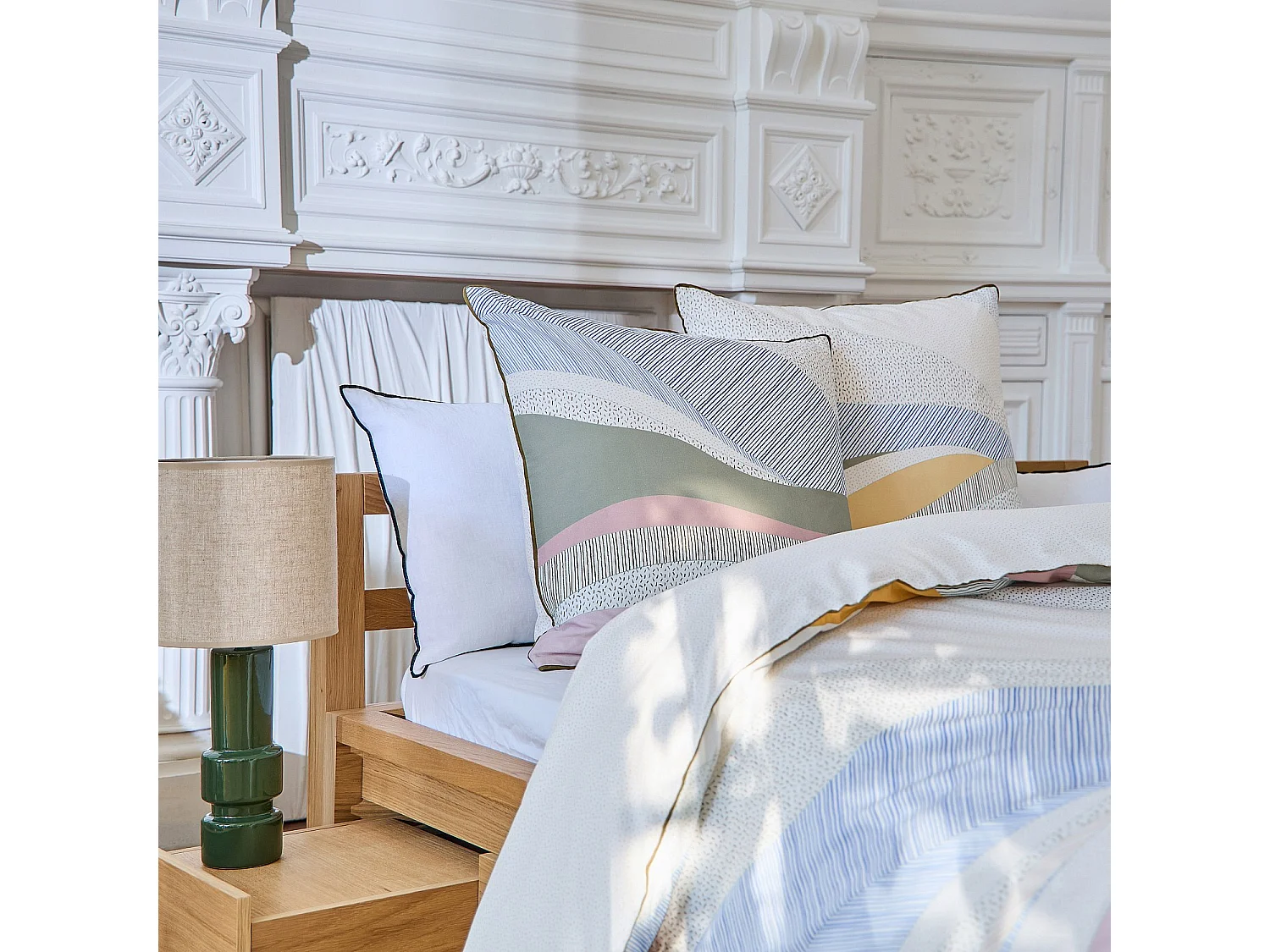 Parure de lit en percale de coton bio - 260 x 240 cm - Bleu et Kaki - Design by Floriane Jacques