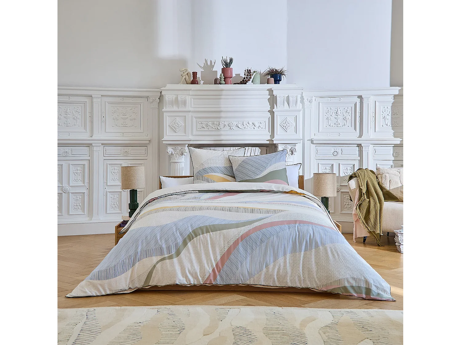 Parure de lit en percale de coton bio - 240 x 220 cm - Bleu et Kaki - Design by Floriane Jacques