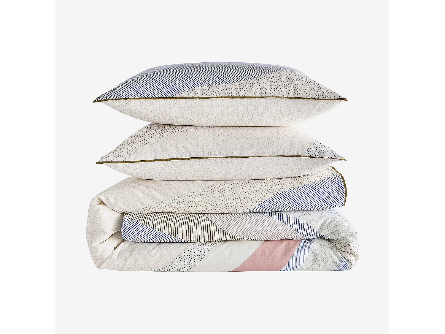 Parure de lit en percale de coton bio - 240 x 220 cm - Bleu et Kaki - Design by Floriane Jacques