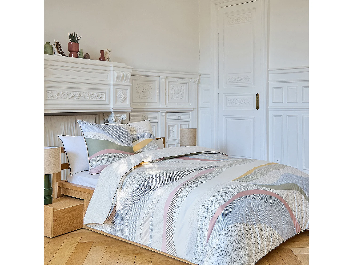Parure de lit en percale de coton bio - 240 x 220 cm - Bleu et Kaki - Design by Floriane Jacques