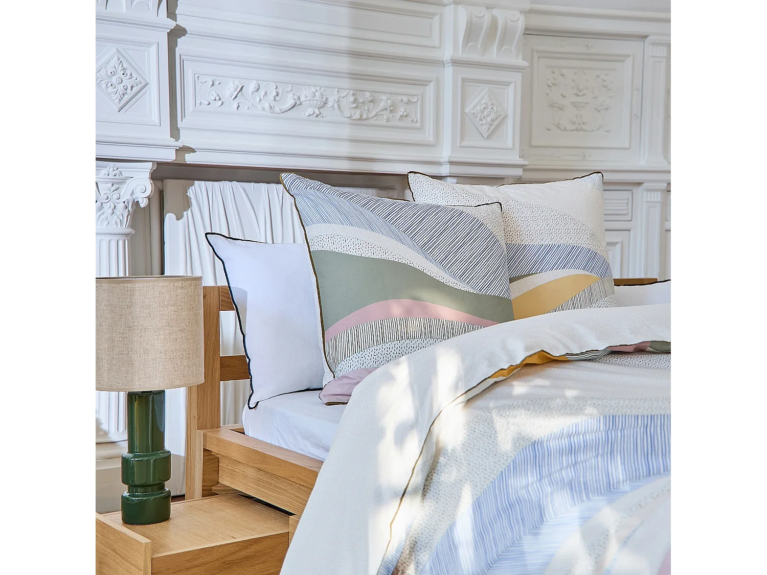 Parure de lit en percale de coton bio - 140 x 200 cm - Bleu et Kaki - Design by Floriane Jacques