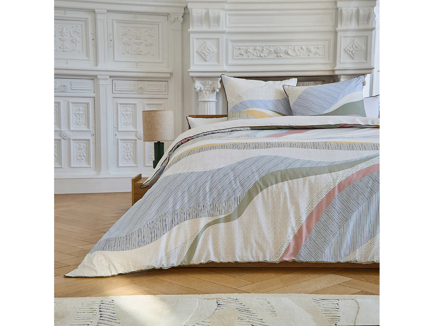 Parure de lit en percale de coton bio - 140 x 200 cm - Bleu et Kaki - Design by Floriane Jacques