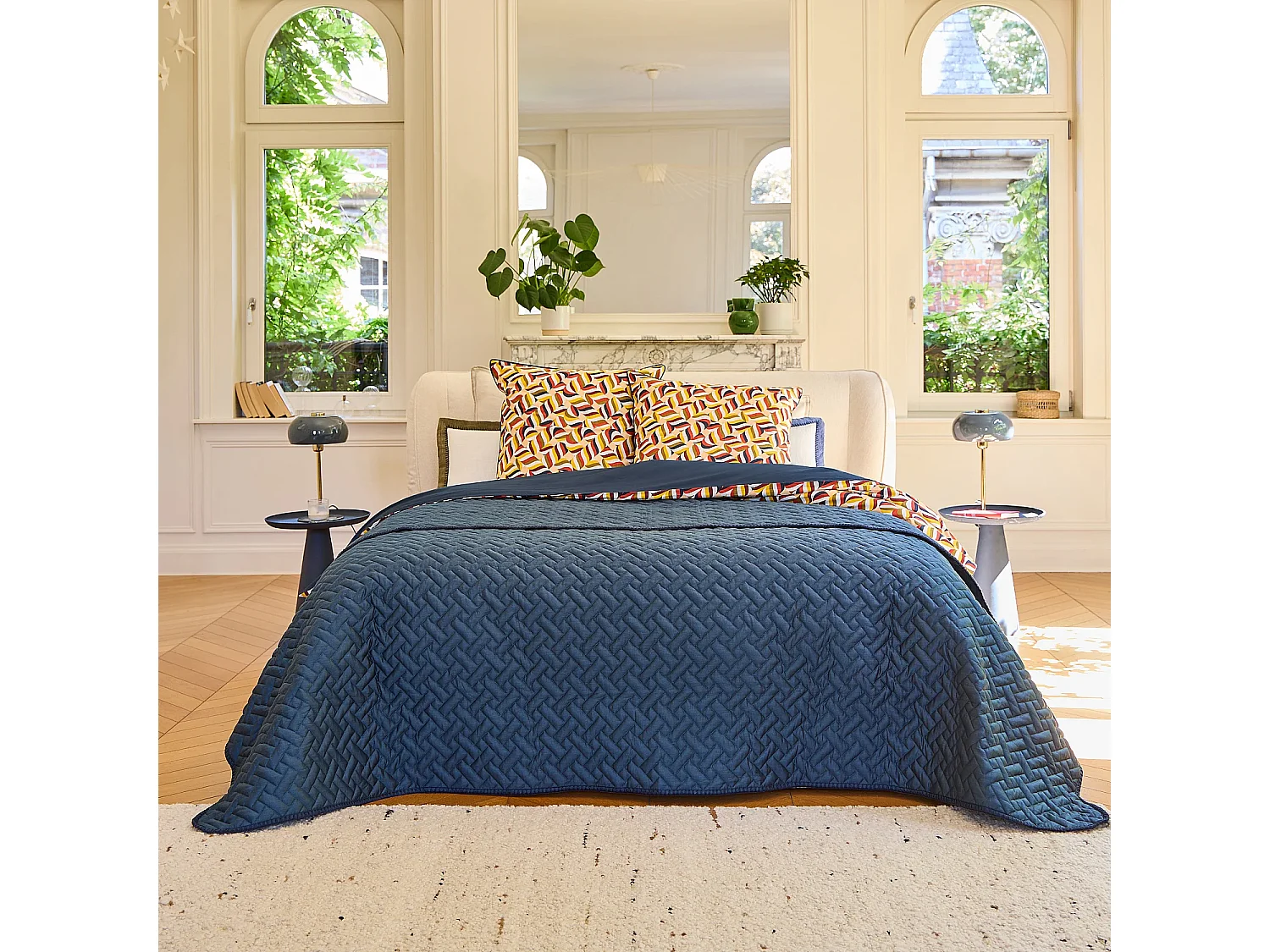 Jeté de lit en satin de coton bio - 230 x 250 cm - Bleu nuit