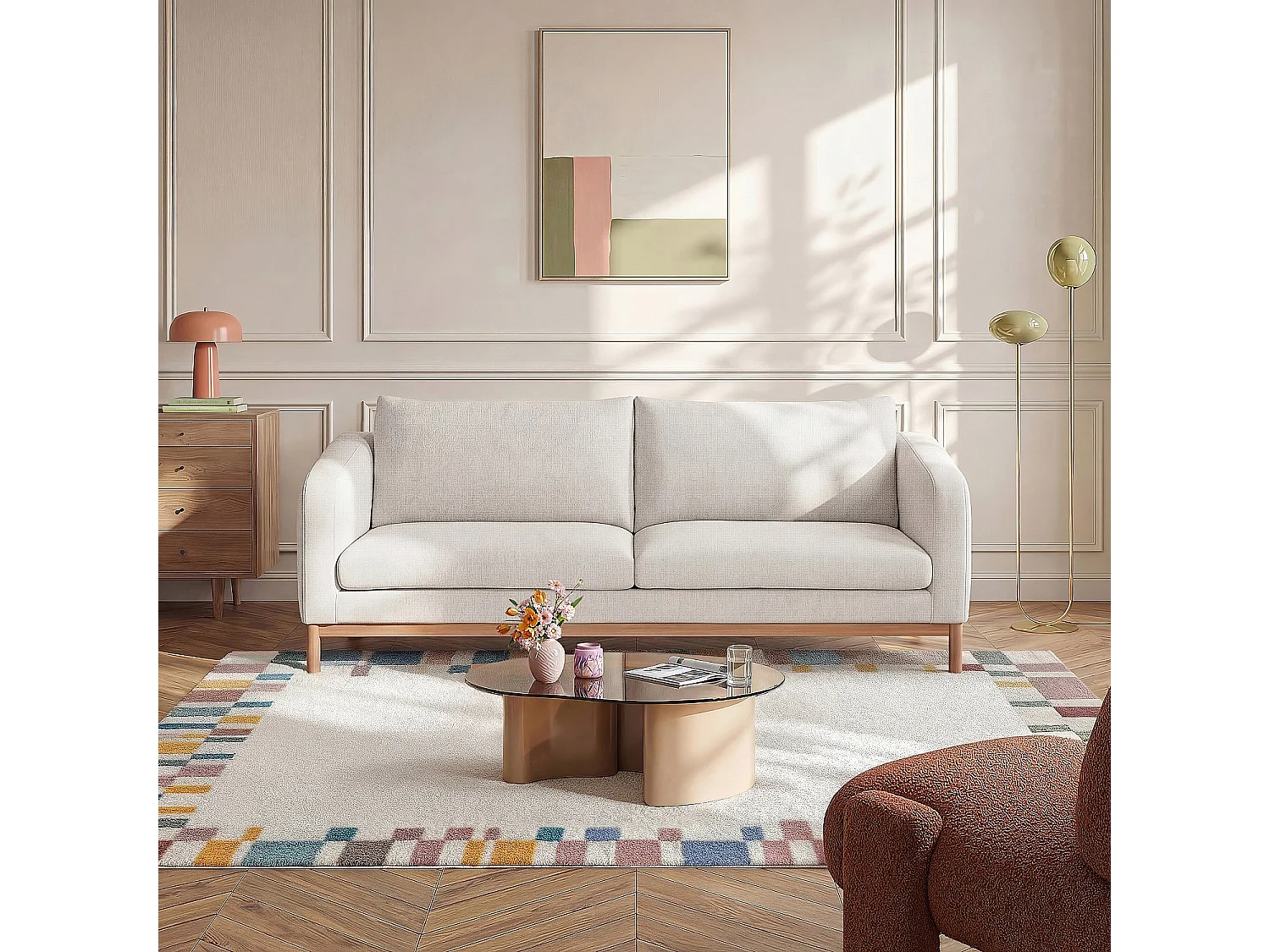 Canapé 3 places en tissu chenille et pieds en bois - Beige mélangé