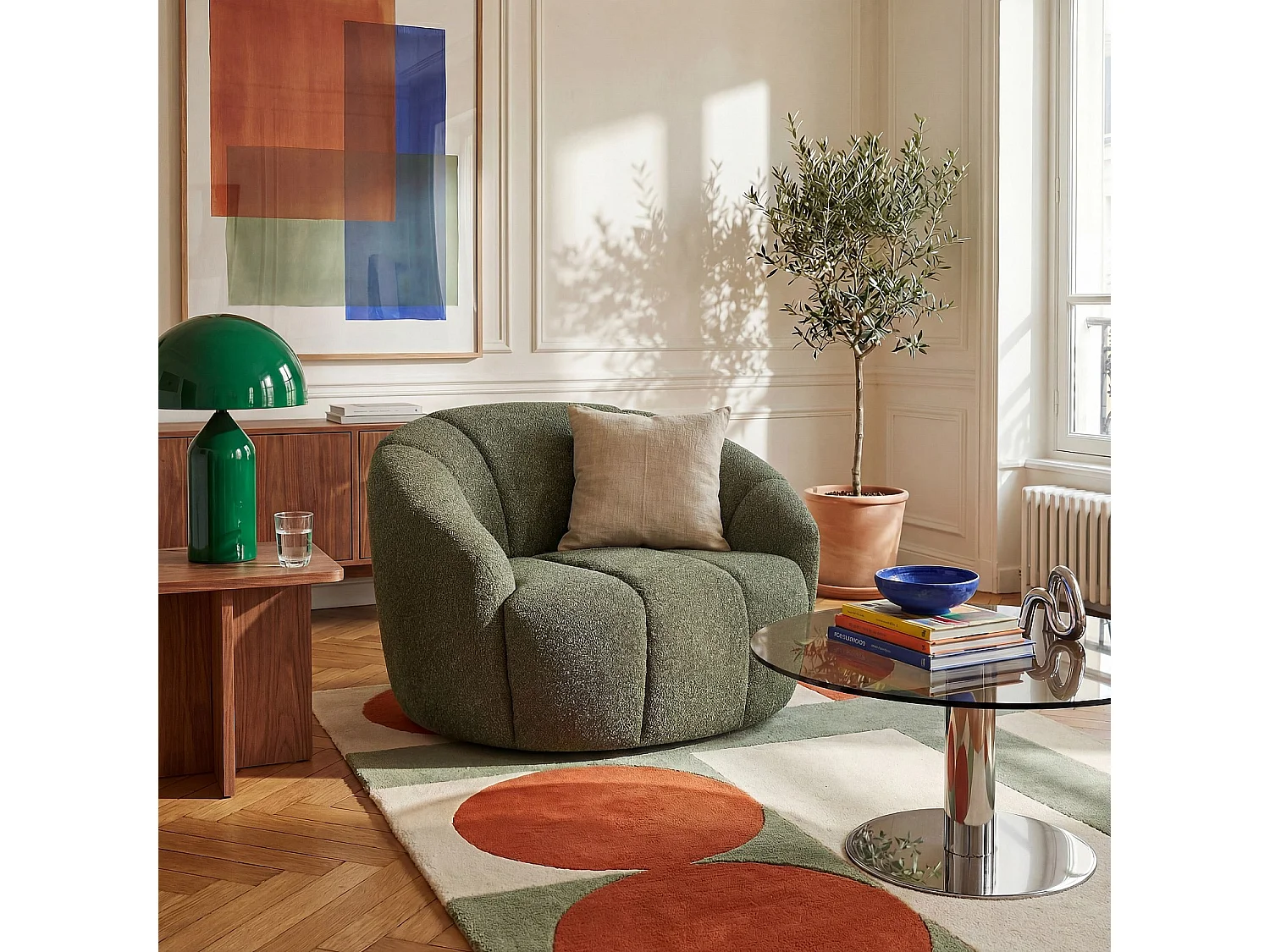 Habitat - Fauteuil loveuse pivotant en tissu texturé - Vert sapin - Mayera