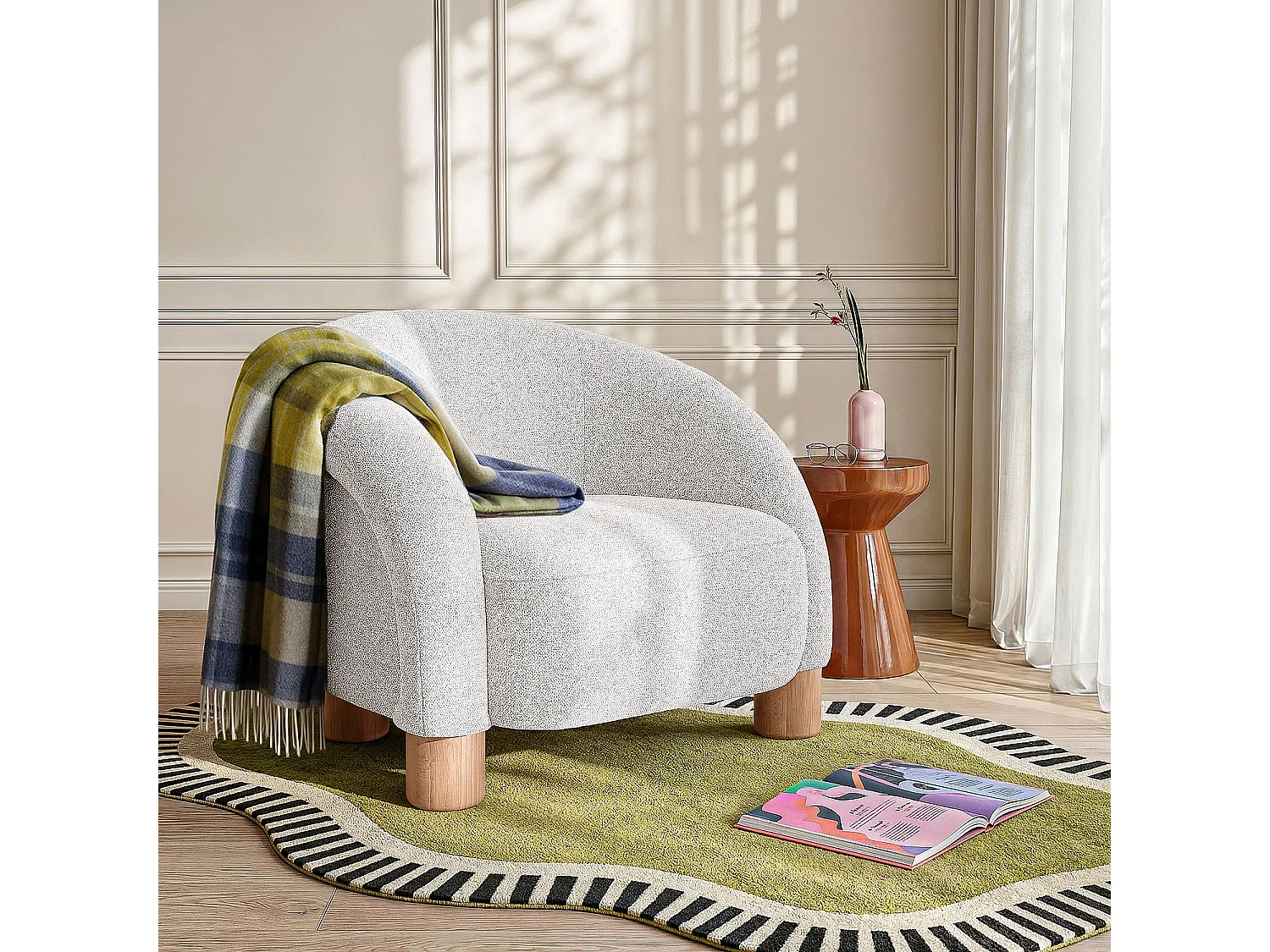 Fauteuil en tissu chenille et bois massif finition chêne - Beige mélangé - Design by Morten Georgsen