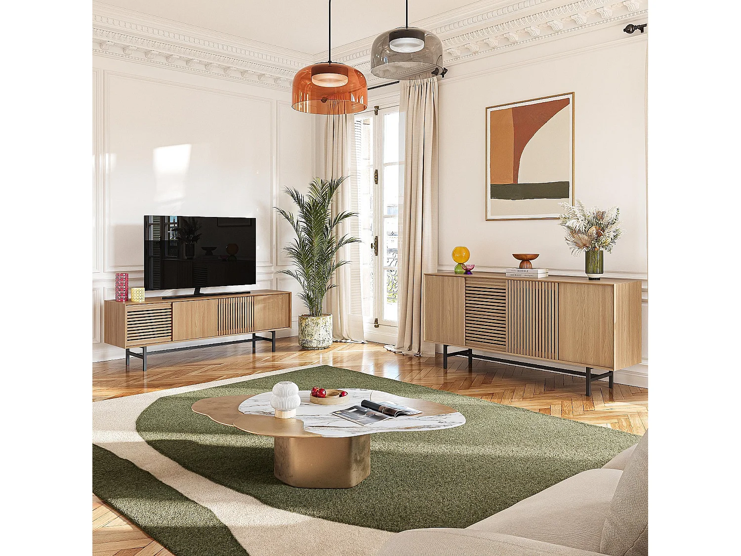 Habitat - Meuble TV 4 portes en chêne - Naturel - Design by Céline Mognon Fichet - Elya