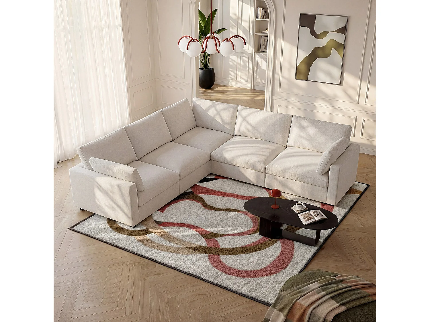 Canapé d'angle 6 places modulable en tissu - Ivoire