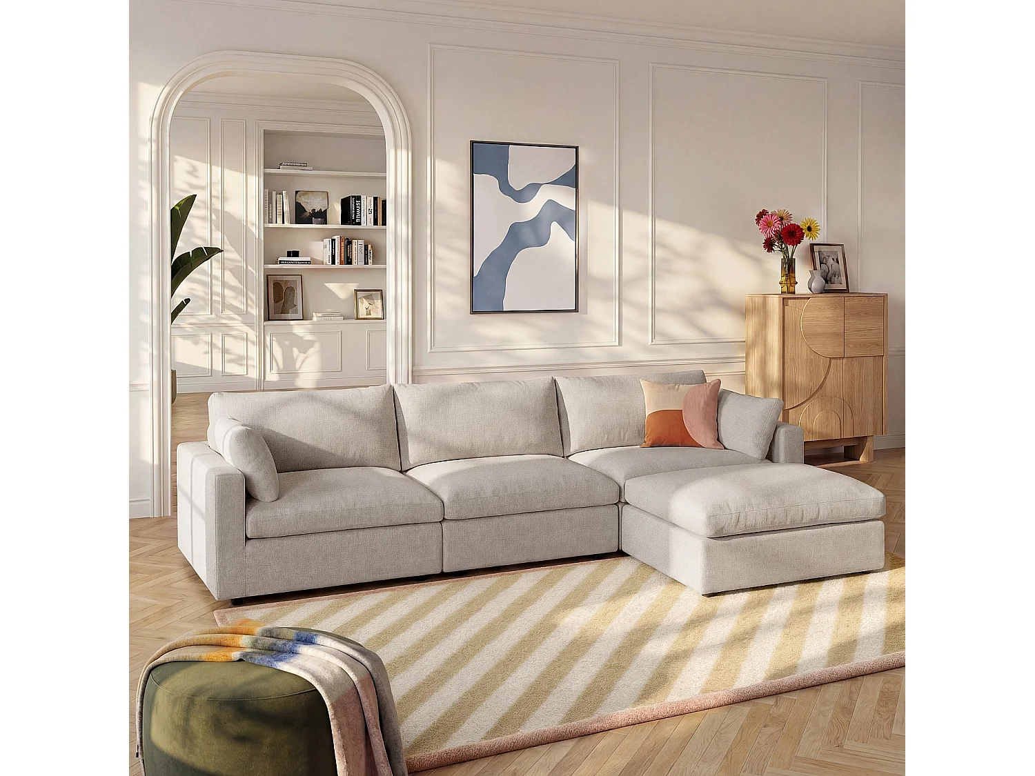 Canapé 4 places modulable avec repose pieds en tissu - Taupe