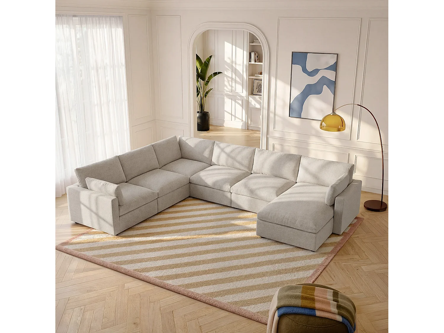 Grand canapé d'angle 7 places modulable en tissu - Taupe