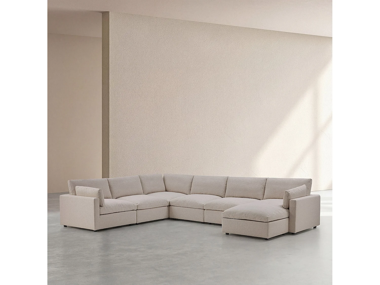 Grand canapé d'angle 7 places modulable en tissu - Taupe