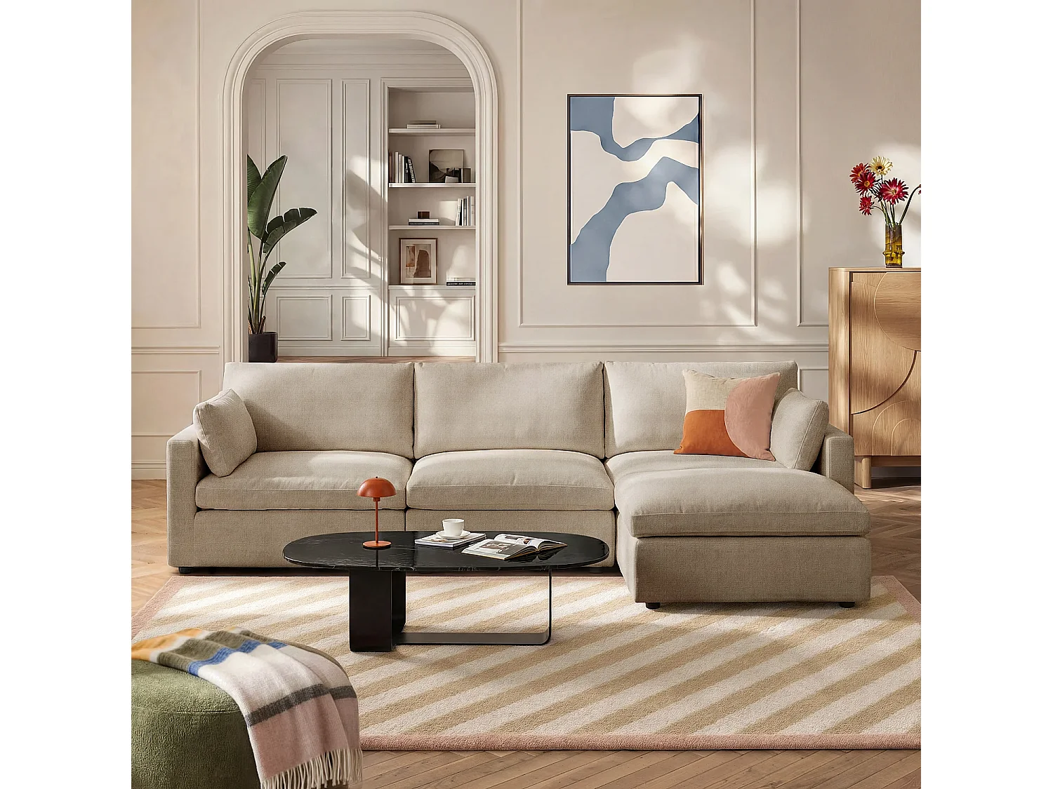 Canapé d'angle réversible 4 places modulable en tissu - Taupe