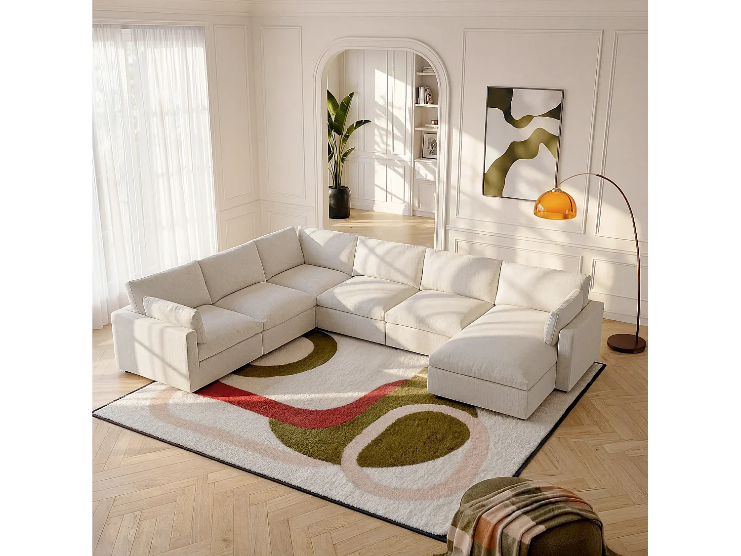 Grand canapé d'angle 7 places modulable en tissu - Ivoire