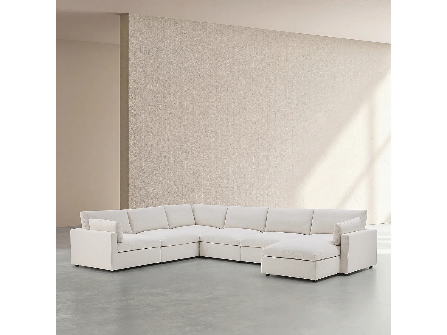 Habitat - Grand canapé d'angle 7 places modulable en tissu - Ivoire LAVINIO