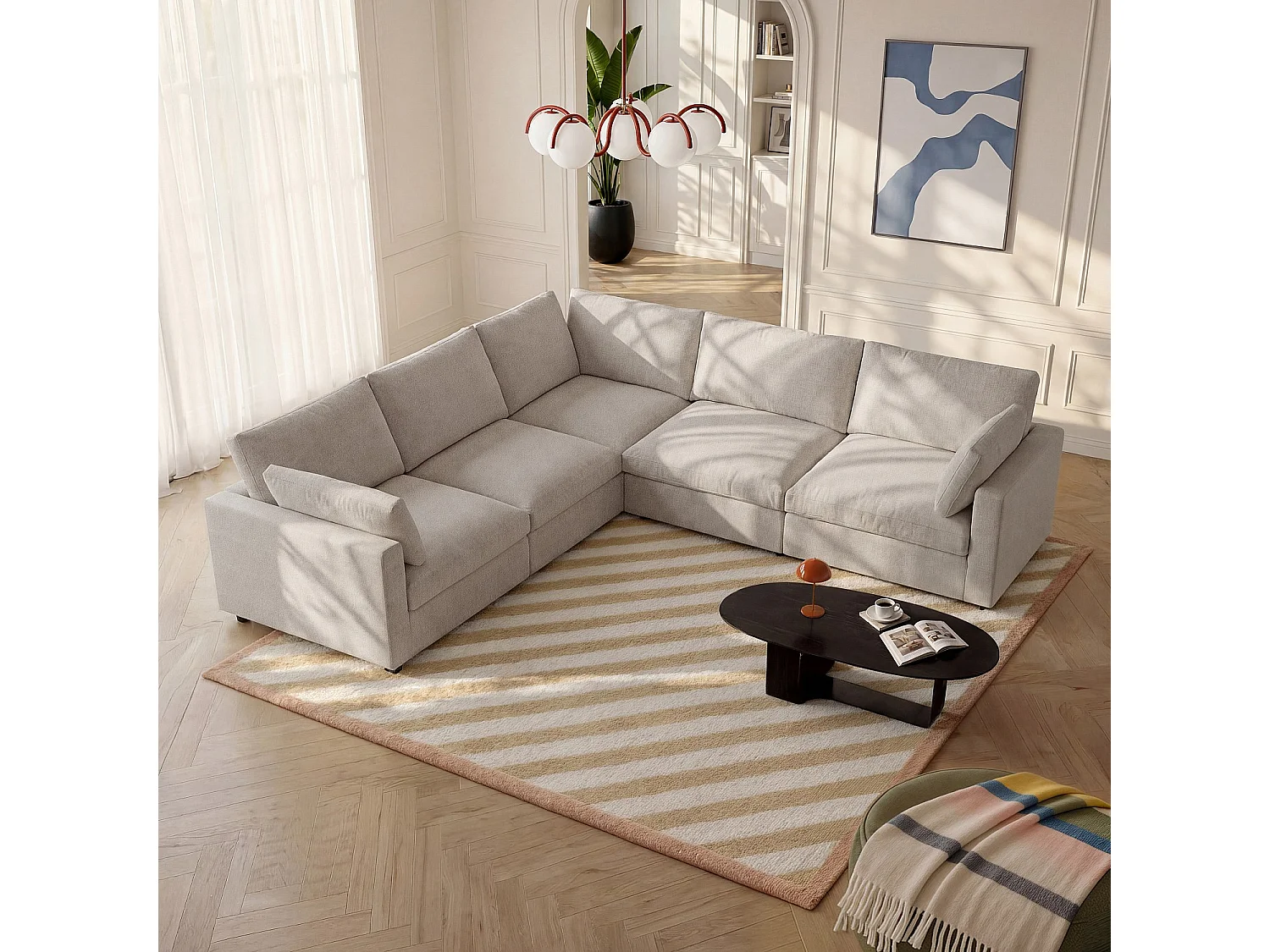 Canapé d'angle 6 places modulable en tissu - Taupe