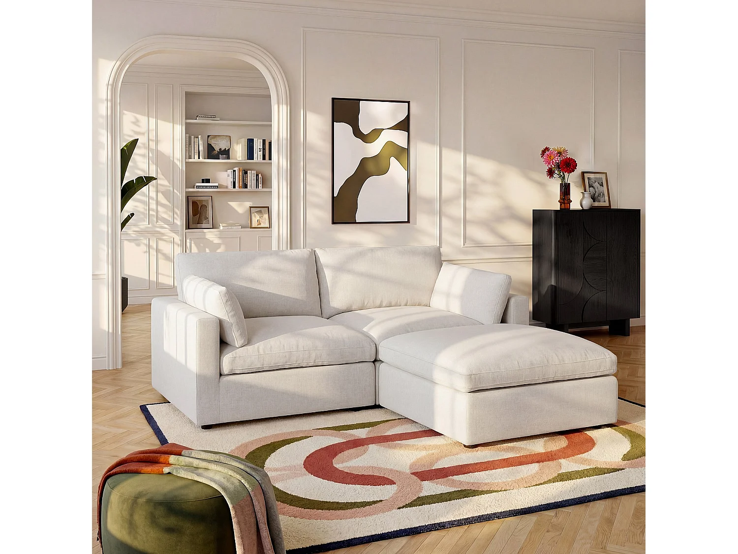 Canapé 3 places modulable avec repose pieds en tissu - Ivoire