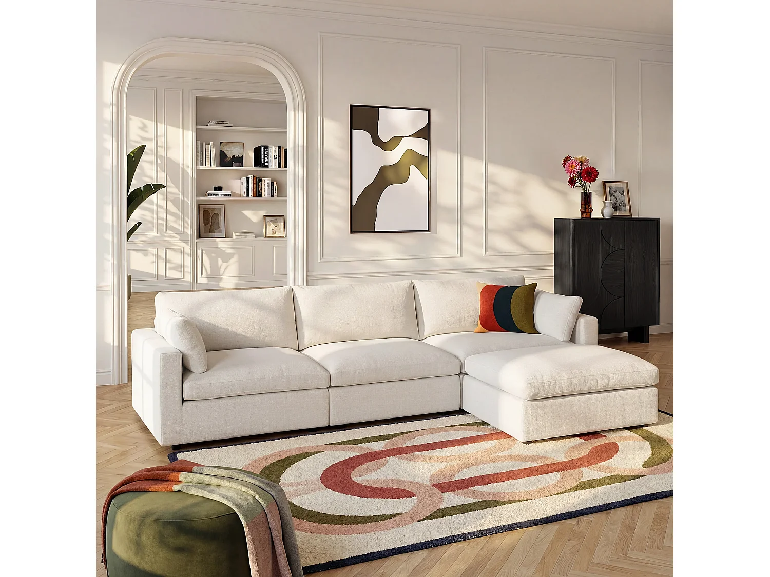 Canapé 4 places modulable avec repose pieds en tissu - Ivoire