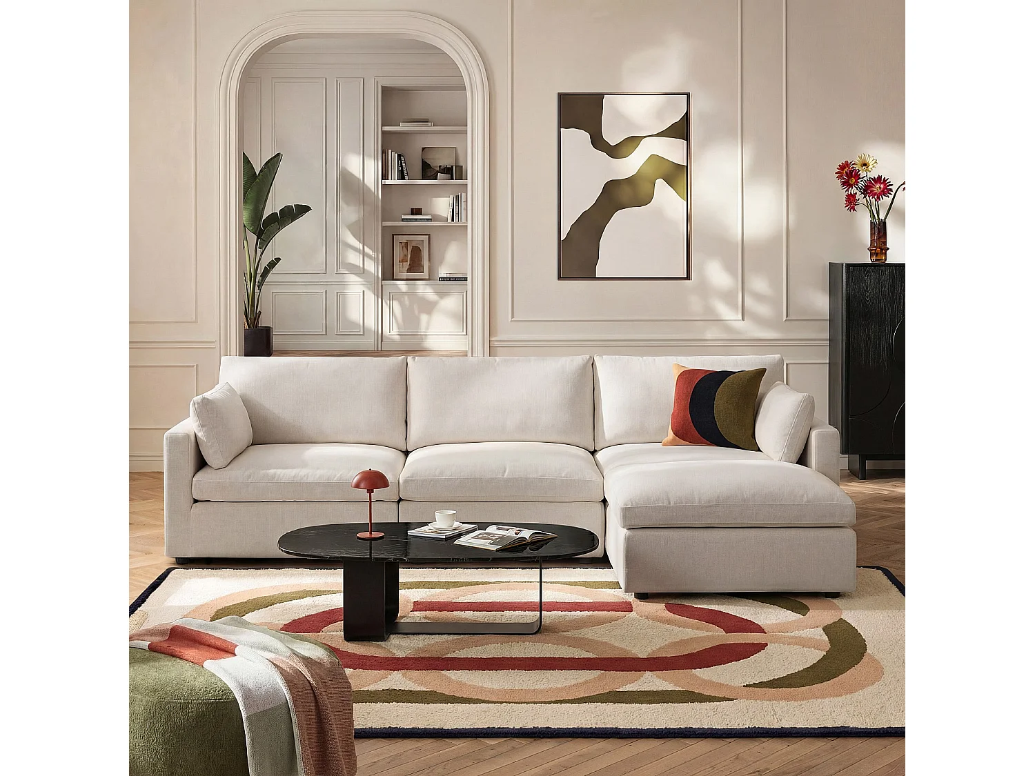 Canapé d'angle réversible 4 places modulable en tissu - Ivoire