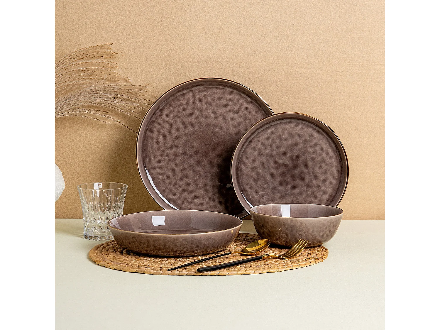 Service de table 18 pièces en grès à émail réactif - Marron glacé