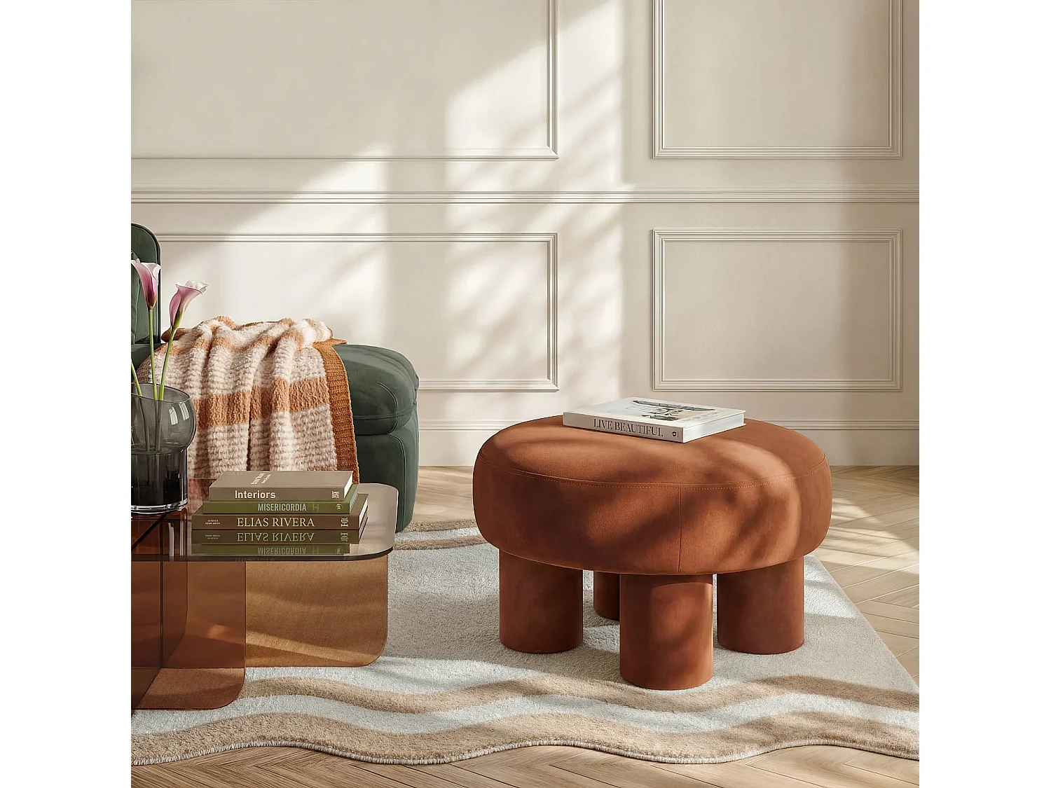 Grand Pouf en tissu velours - Marron cuivré