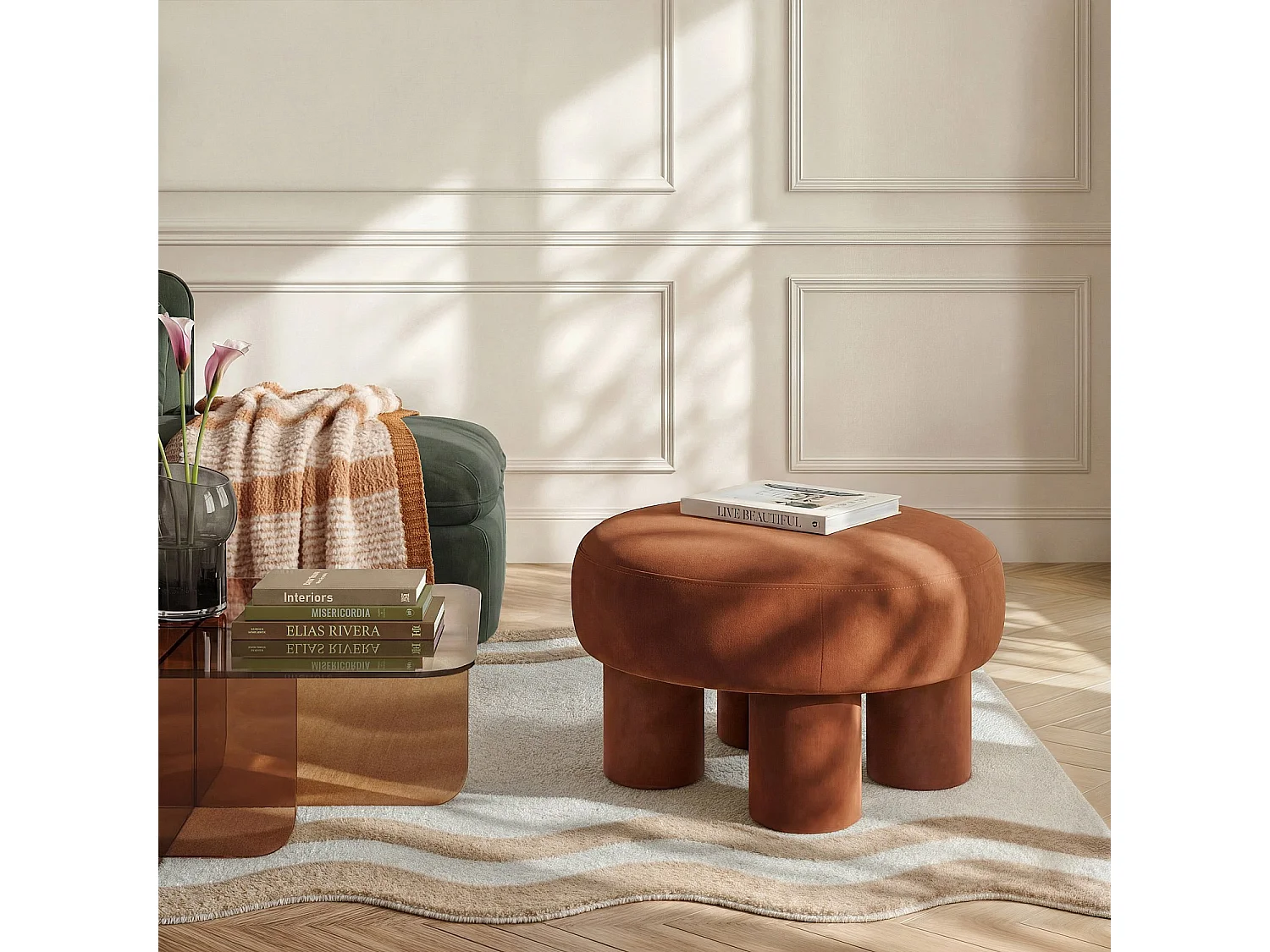 Grand Pouf en tissu velours - Marron cuivré