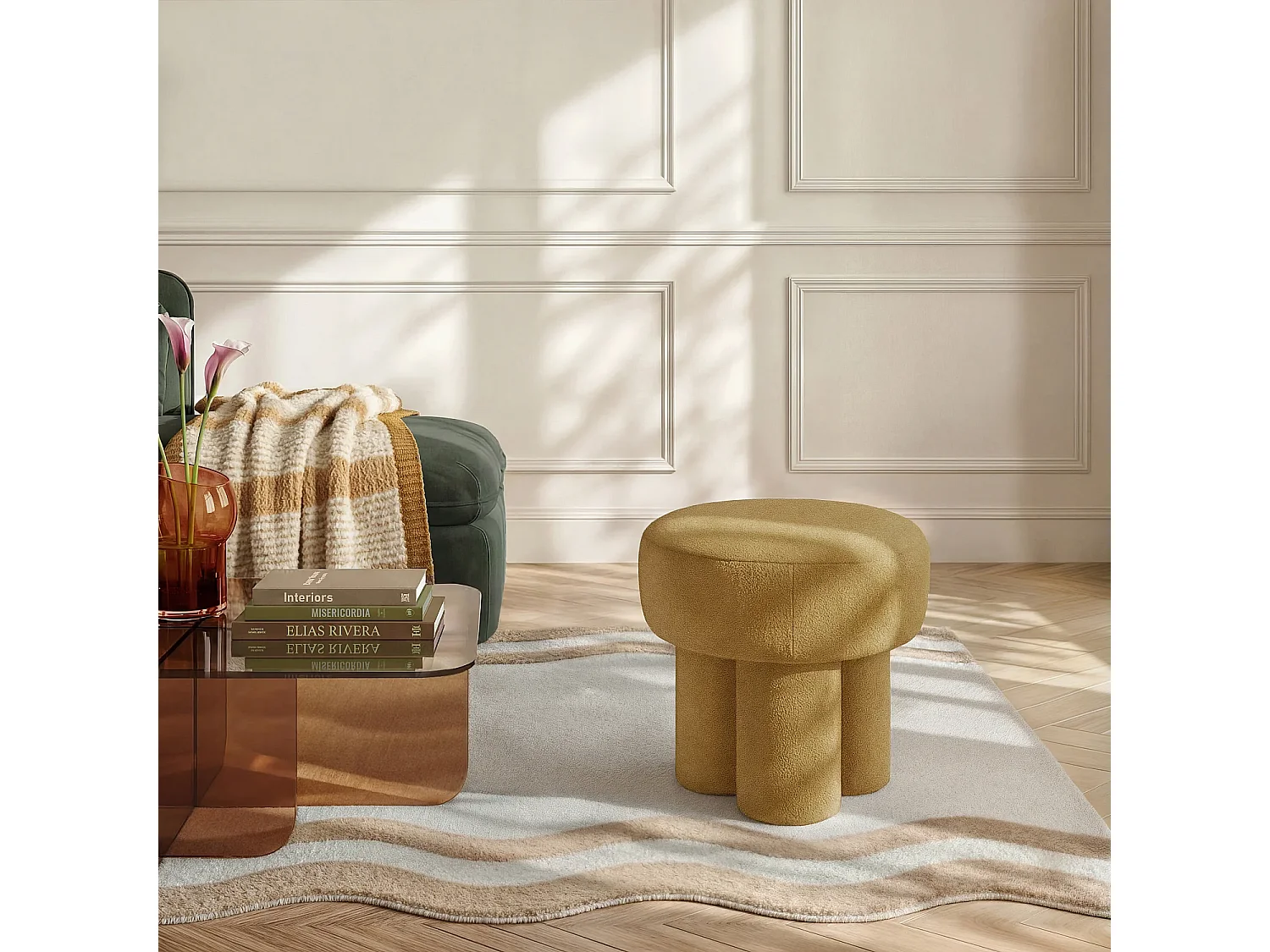 Petit pouf en tissu velours texturé - Ocre