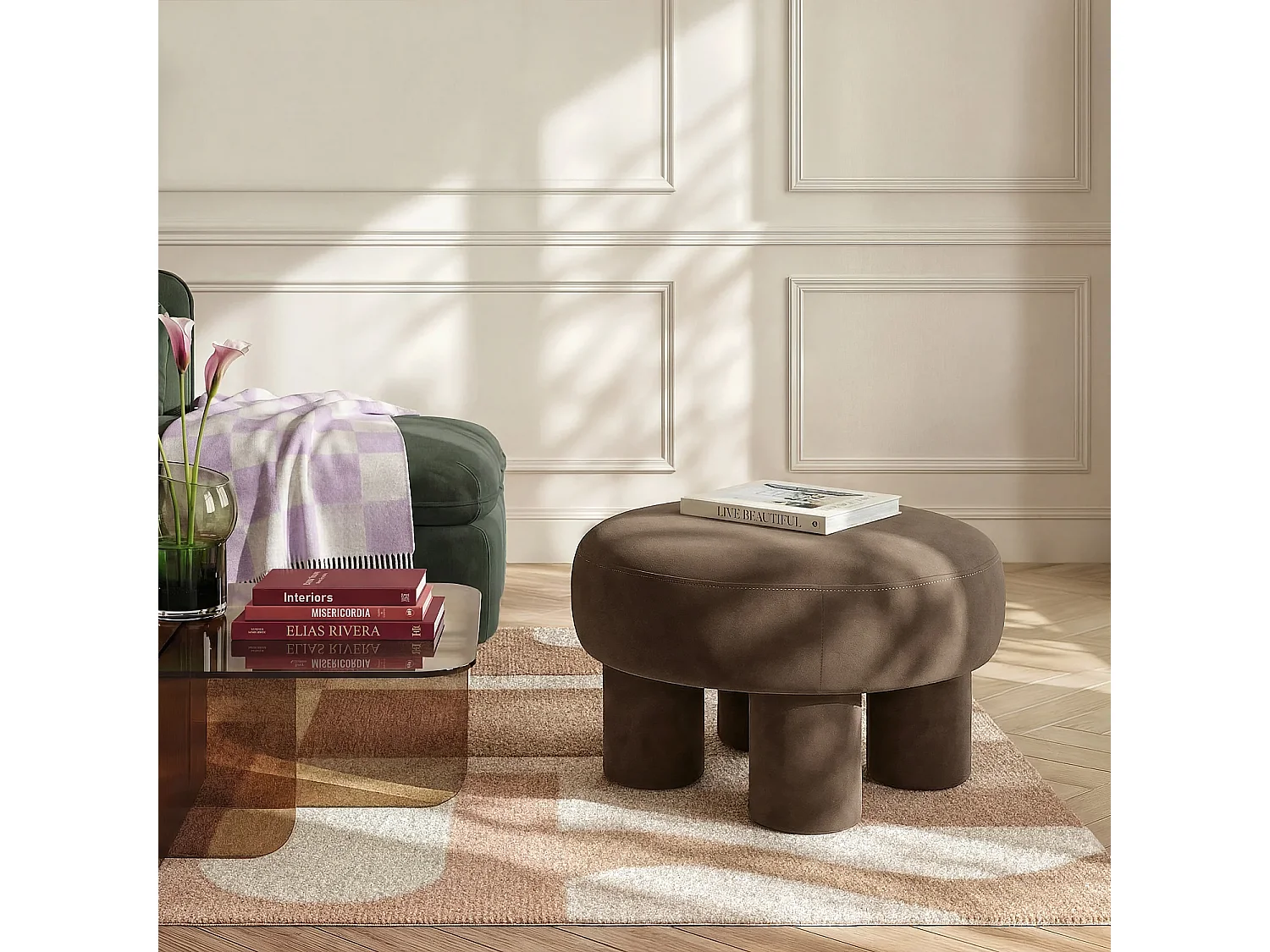 Grand pouf en tissu velours - Brun