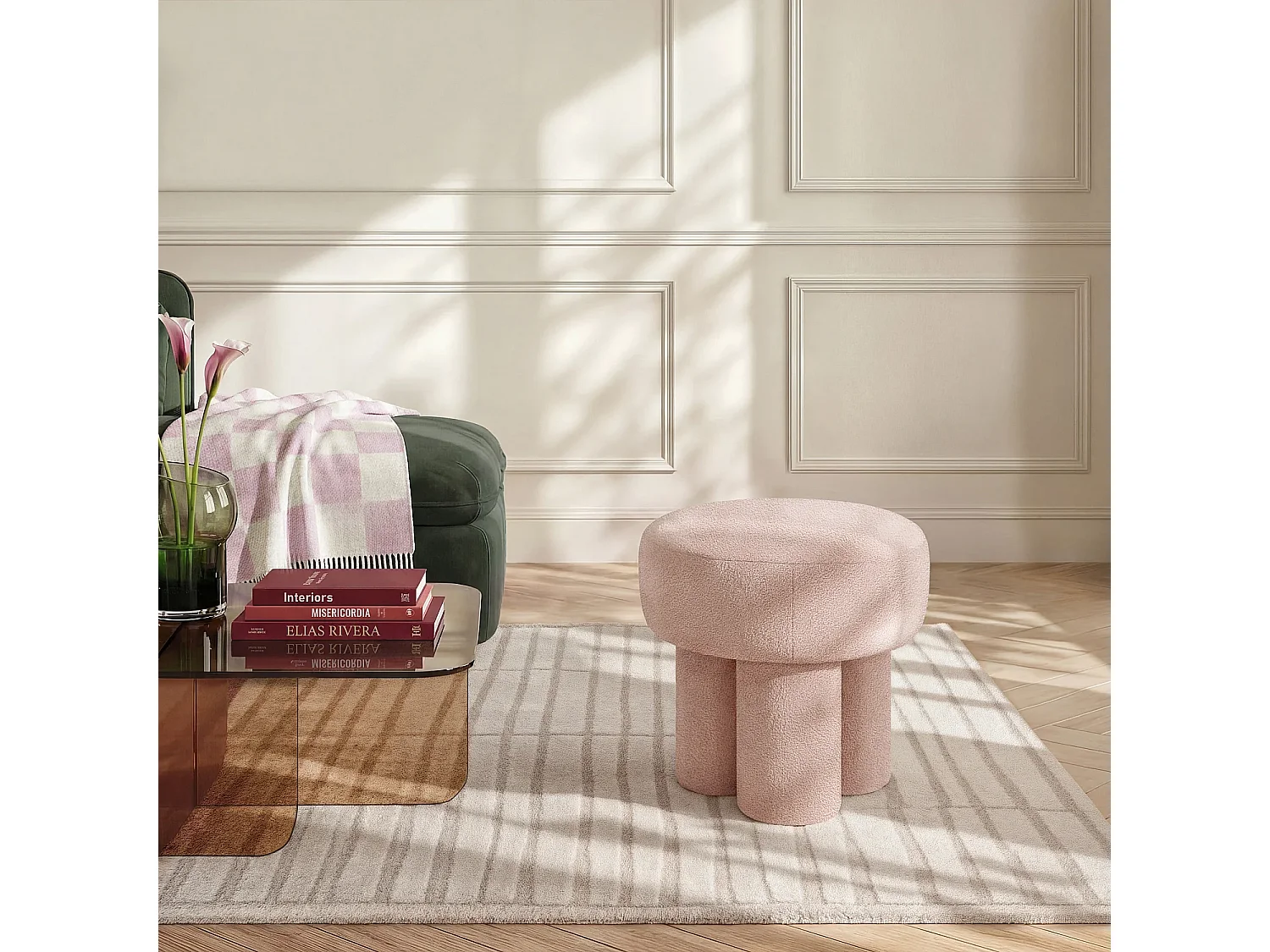 Petit pouf en tissu velours texturé - Rose poudré