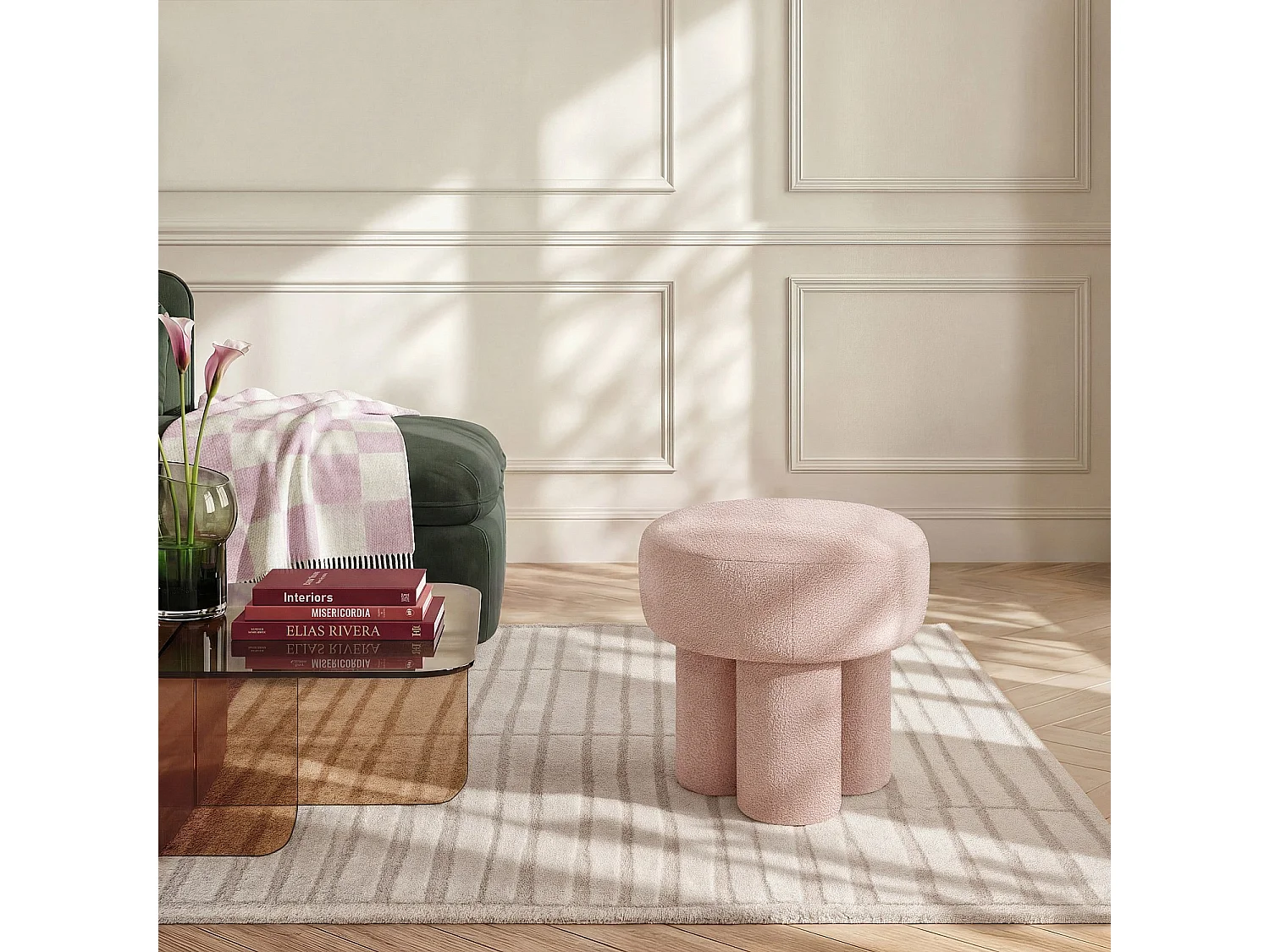 Petit pouf en tissu velours texturé - Rose poudré