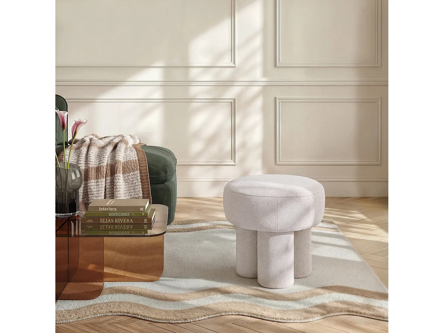 Petit pouf en tissu velours texturé - Crème