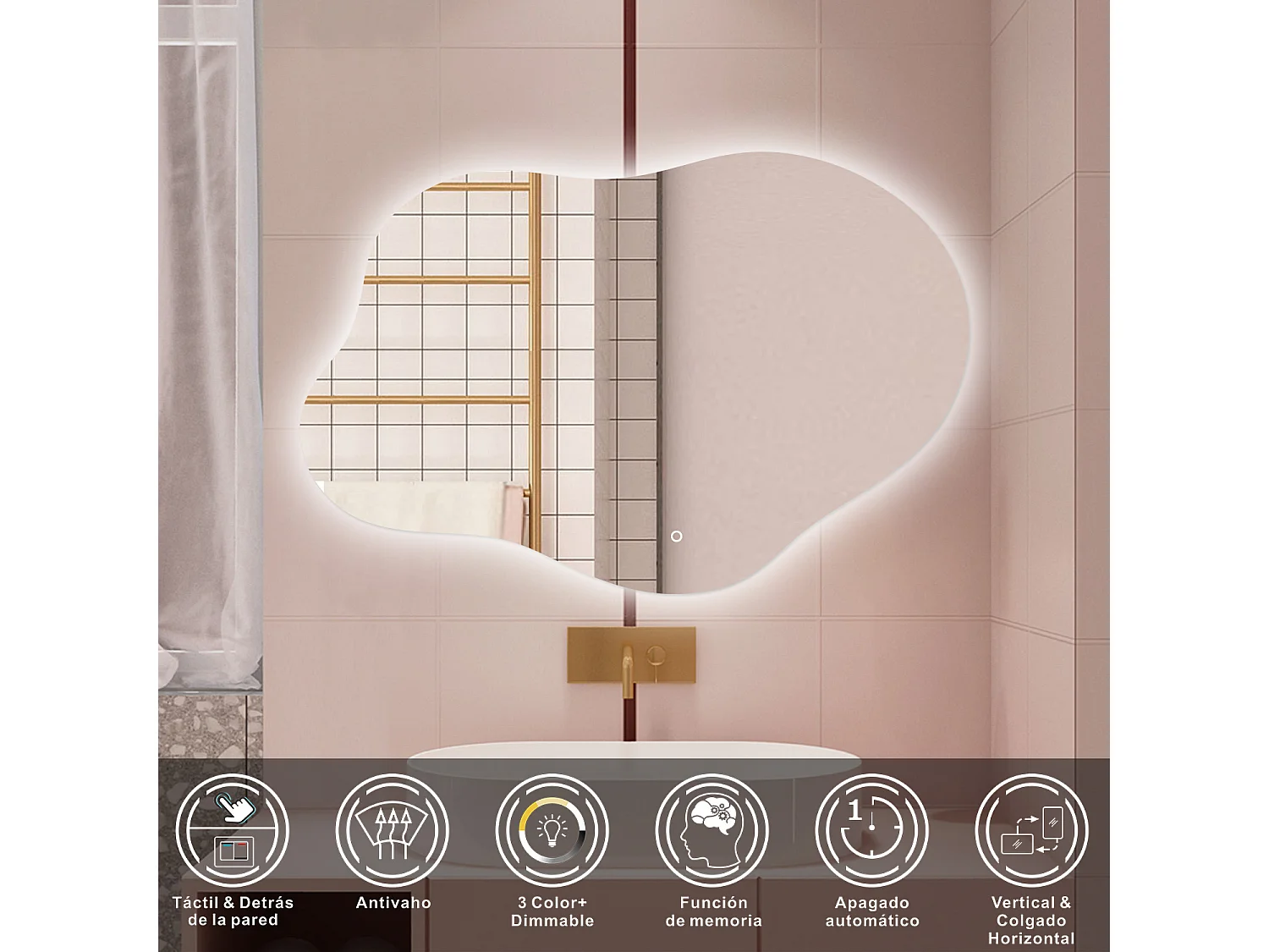 Espelho de Banho LED AICA 100x66cm Irregular - 3 Cores,Antiembaçante,Brilho Ajustável e Memória