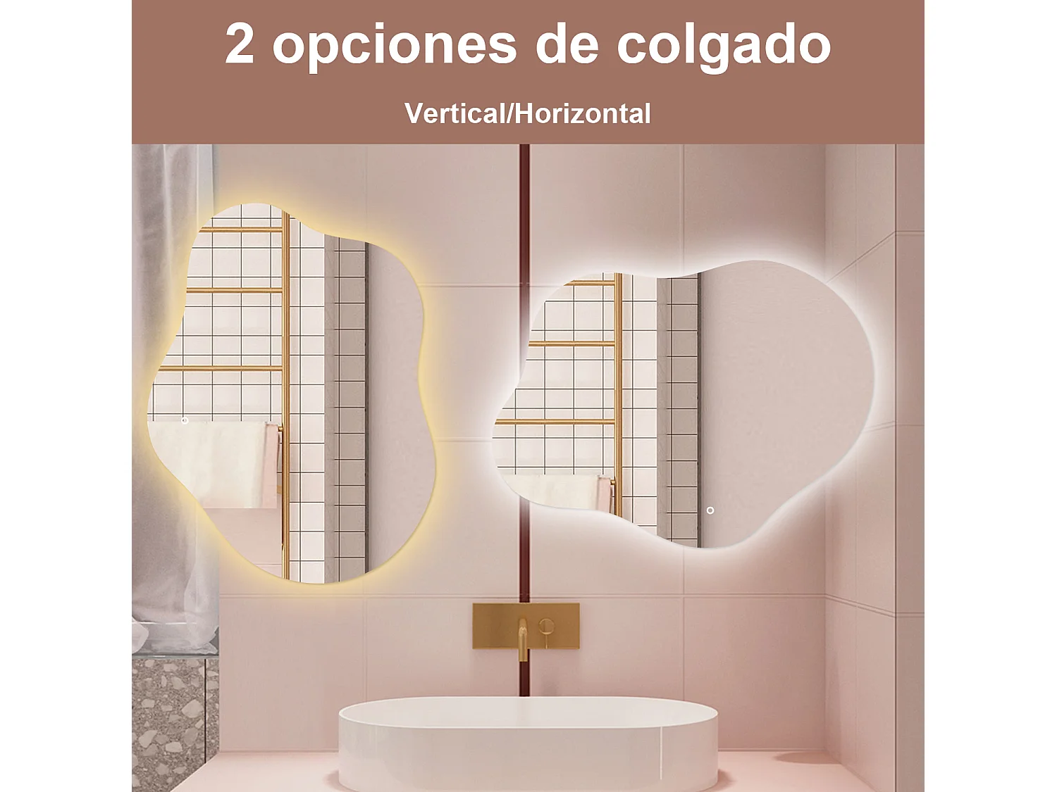 Espelho de Banho LED AICA 90x68cm Irregular - 3 Cores,Antiembaçante,Brilho Ajustável e Memória