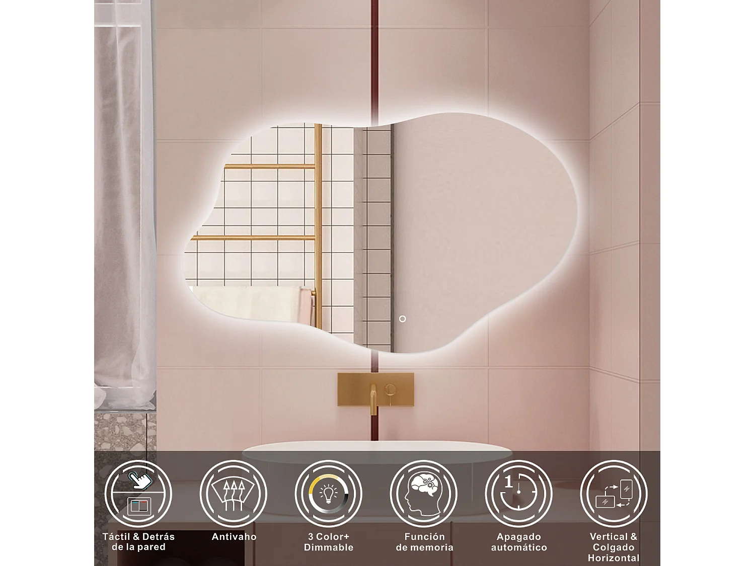 Espelho de Banho LED AICA 85x52cm Irregular - 3 Cores,Antiembaçante,Brilho Ajustável e Memória