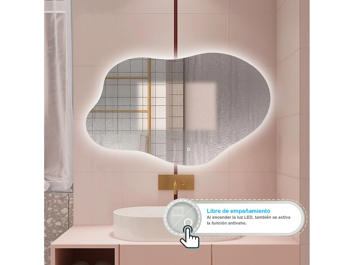 Espelho de Banho LED AICA 85x52cm Irregular - 3 Cores,Antiembaçante,Brilho Ajustável e Memória