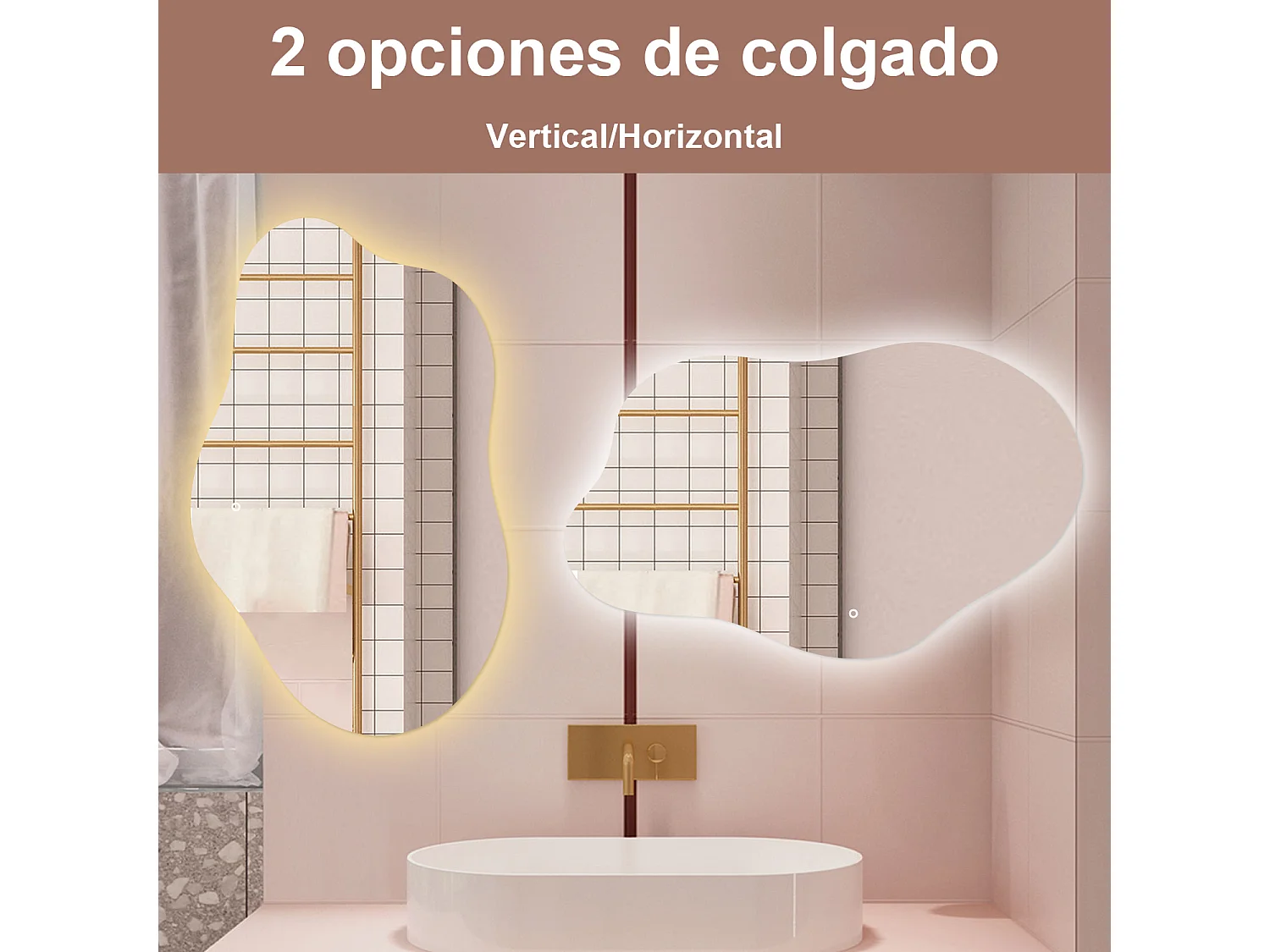 Espelho de Banho LED AICA 85x52cm Irregular - 3 Cores,Antiembaçante,Brilho Ajustável e Memória