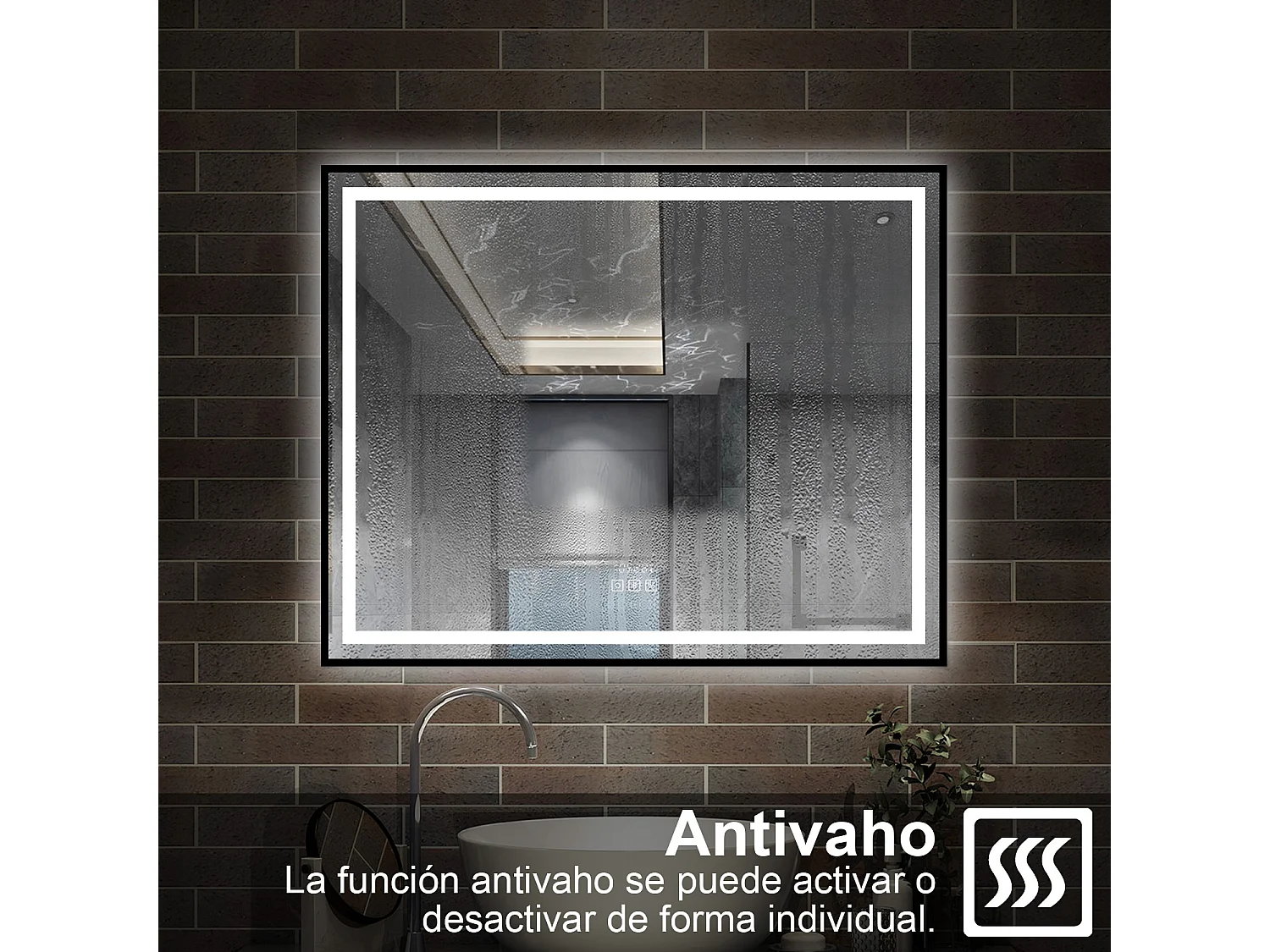AICA Espejo con Luz de baño,100 x 80 cm,con función antivaho, Bluetooth, Reloj LED