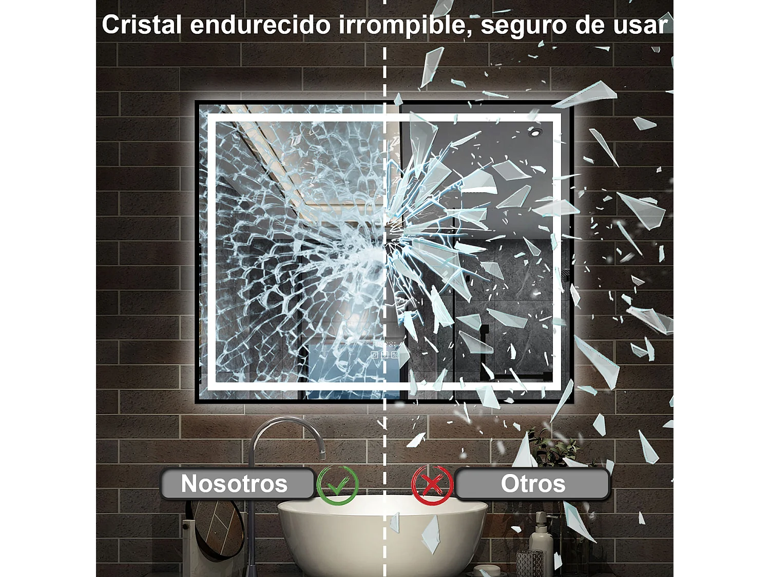 AICA Espejo con Luz de baño,100 x 80 cm,con función antivaho, Bluetooth, Reloj LED