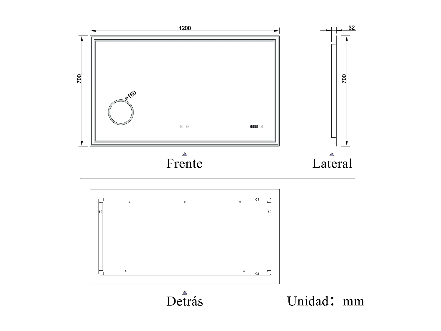 Espelho de Banho LED AICA 120x70cm - 3 Temperaturas de Cor,Anti-Embaçante,Bluetooth,Lupa,Dimmer Infinito,Relógio e Memória de Energia