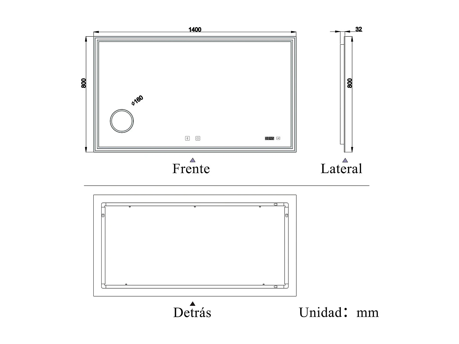 Espelho de Banho LED AICA 140x80cm - 3 Temperaturas de Cor,Anti-Embaçante,Bluetooth,Lupa,Dimmer Infinito,Relógio e Memória de Energia